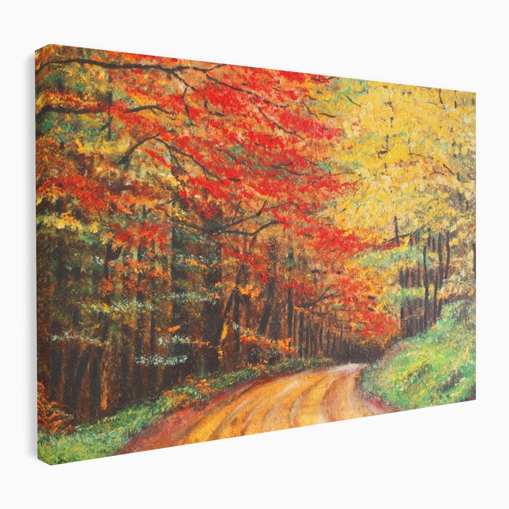 Tablou canvas cu pictura peisaj cu drum prin padure toamna, fara rama, pe sasiu de lemn